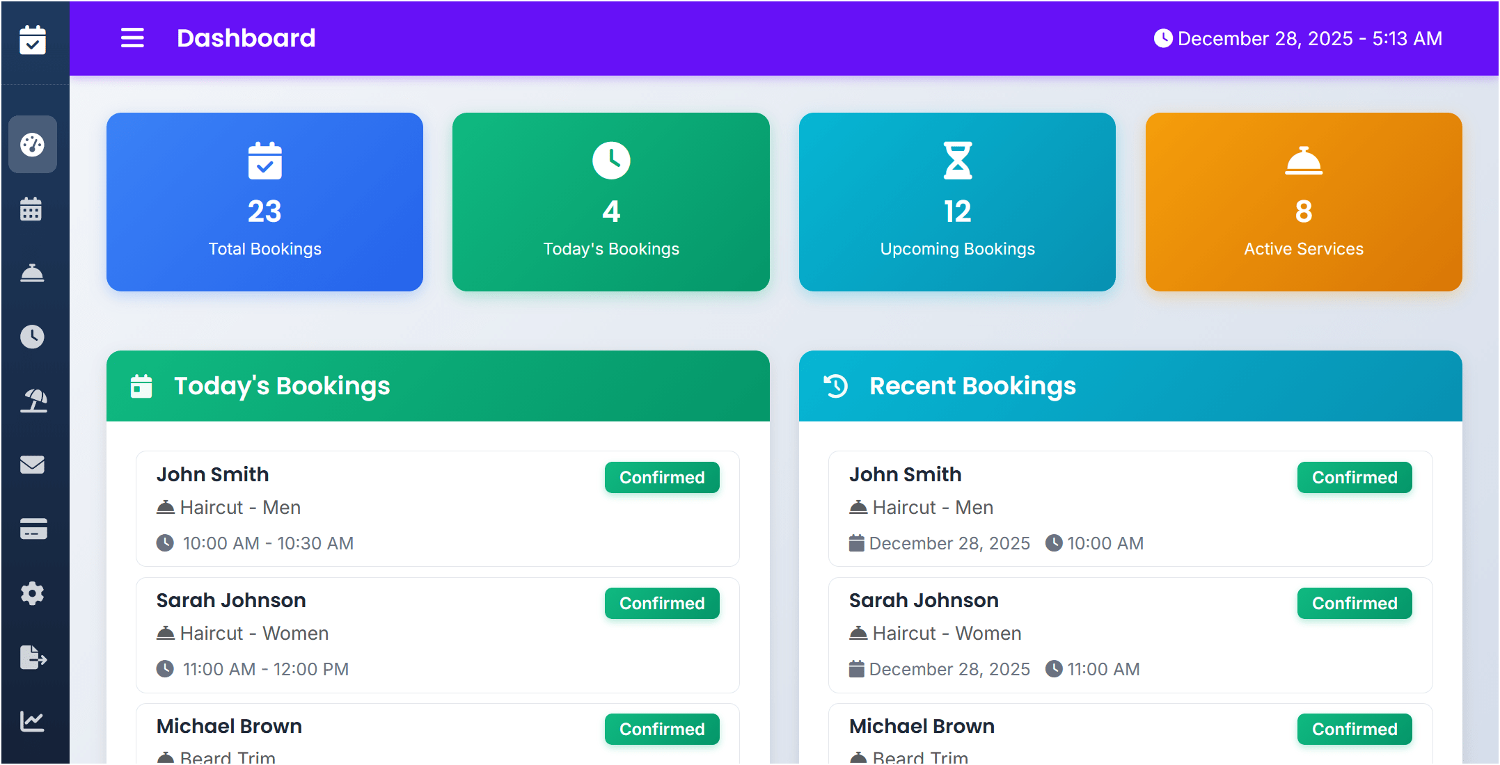 Admin dashboard showing bookings overview in appointment booking system demo
