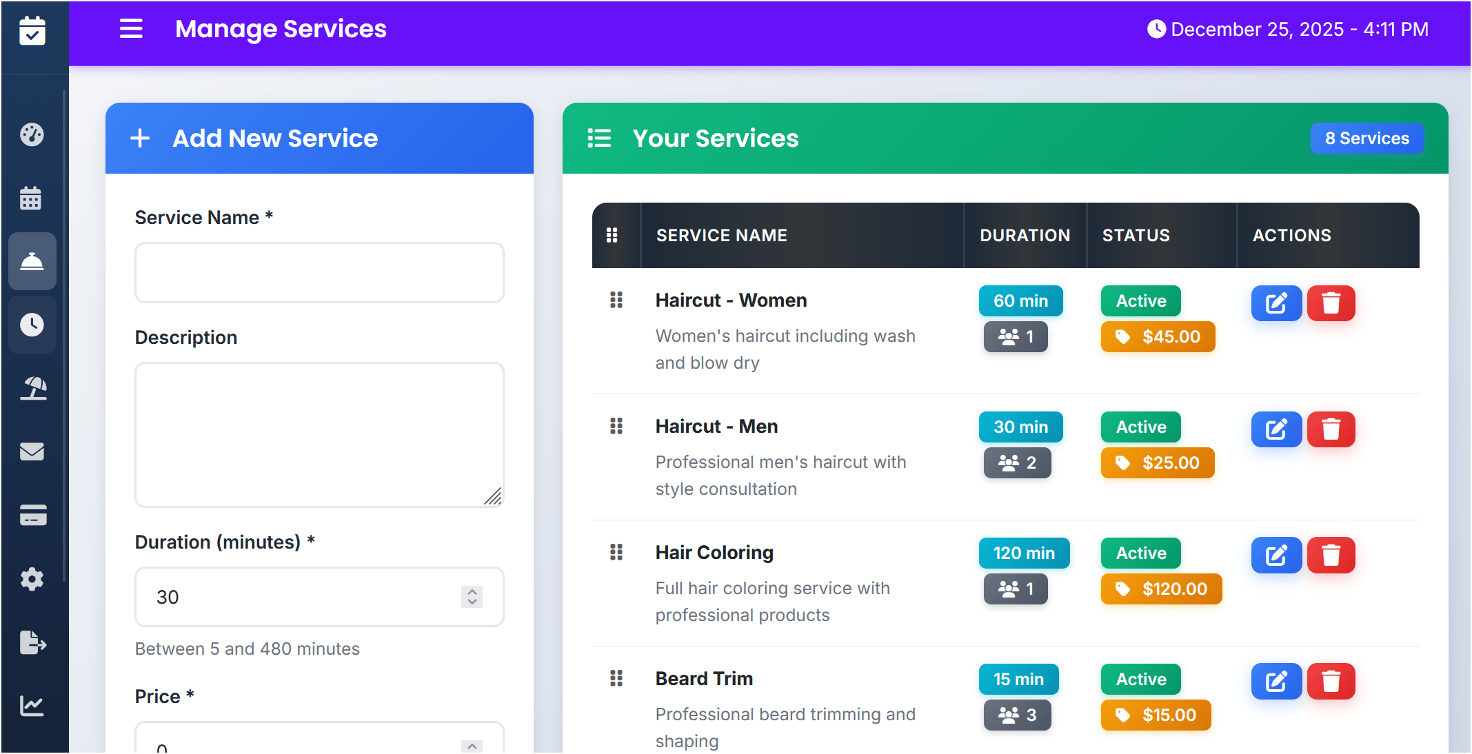 Service management interface in online booking system demo