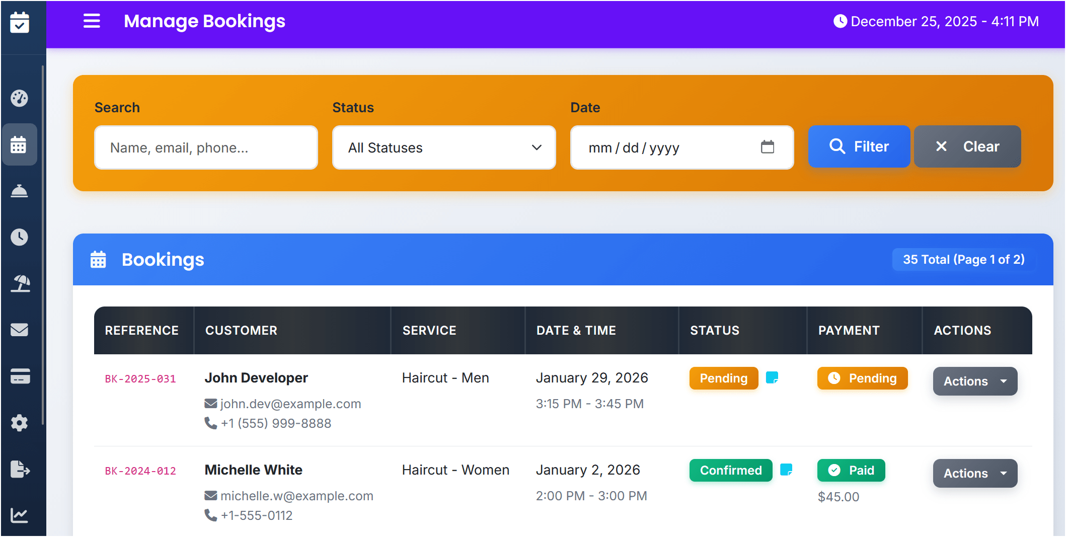 Bookings management dashboard in PHP booking system demo