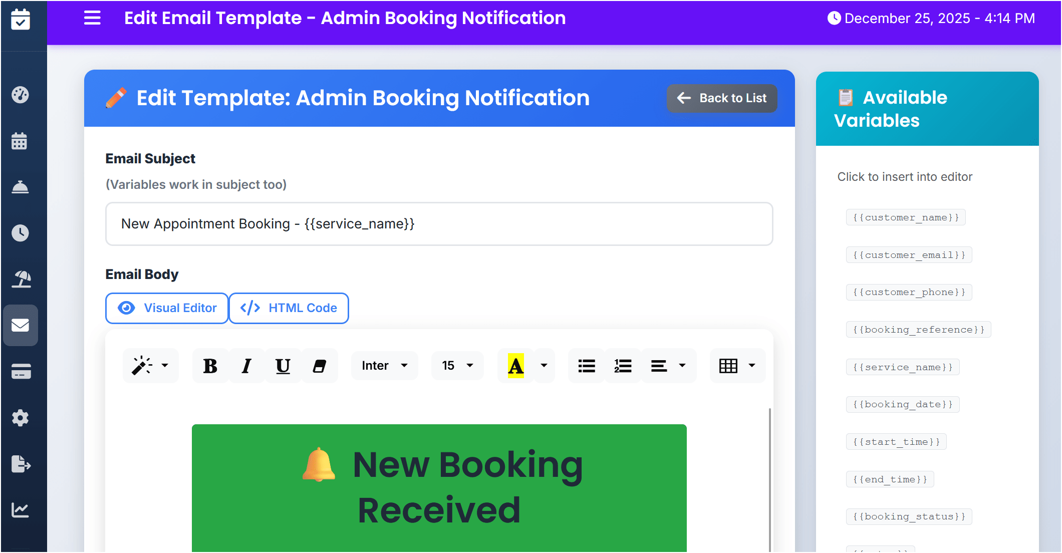 Email template editor in appointment booking software demo
