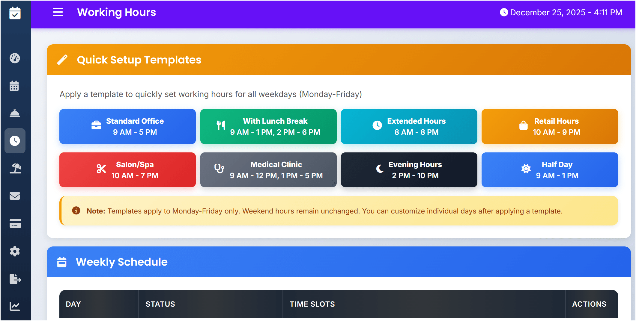 Working hours templates in online booking demo