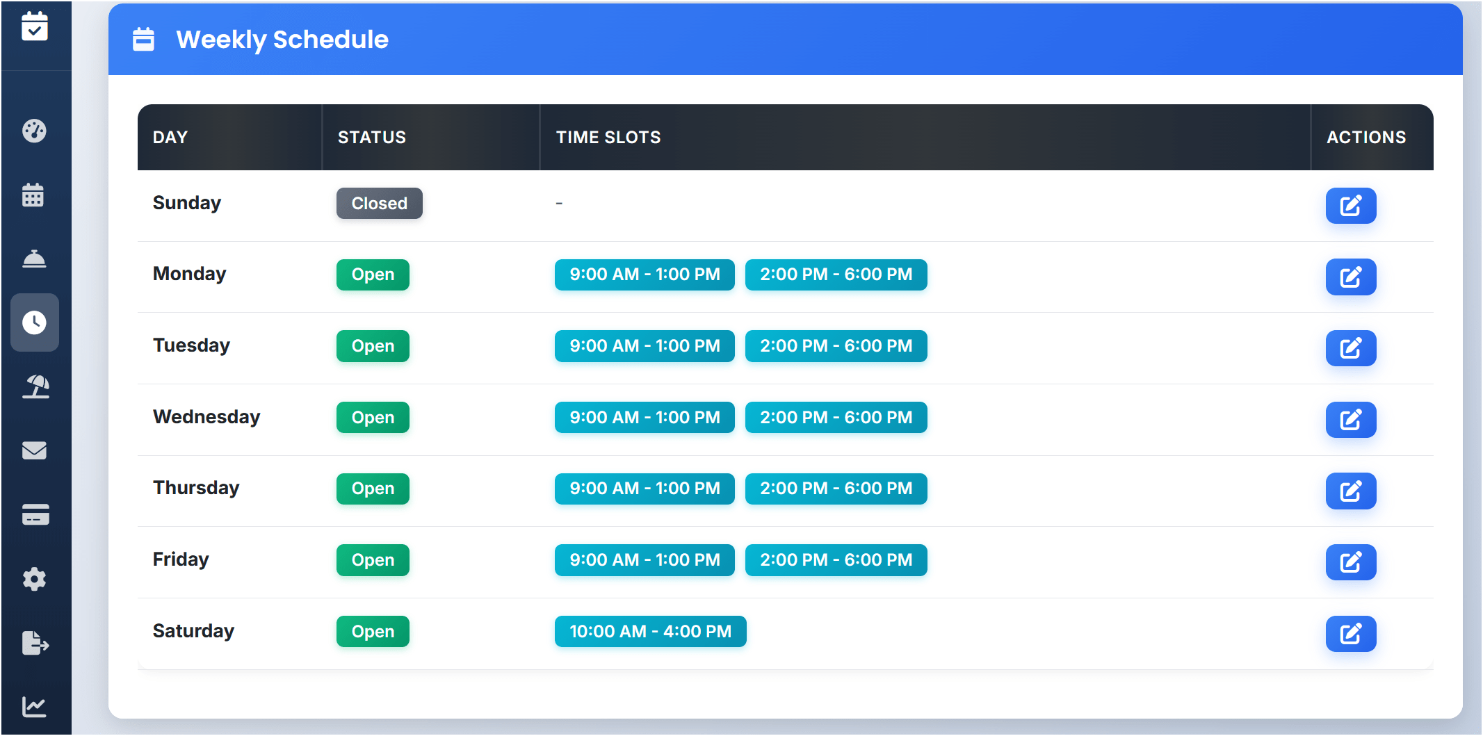 Weekly schedule configuration in appointment scheduler demo