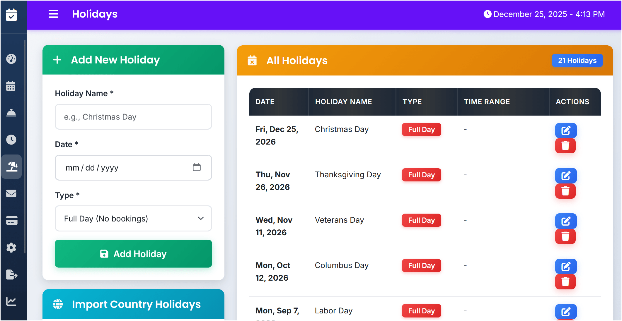 Holiday management in booking system demo