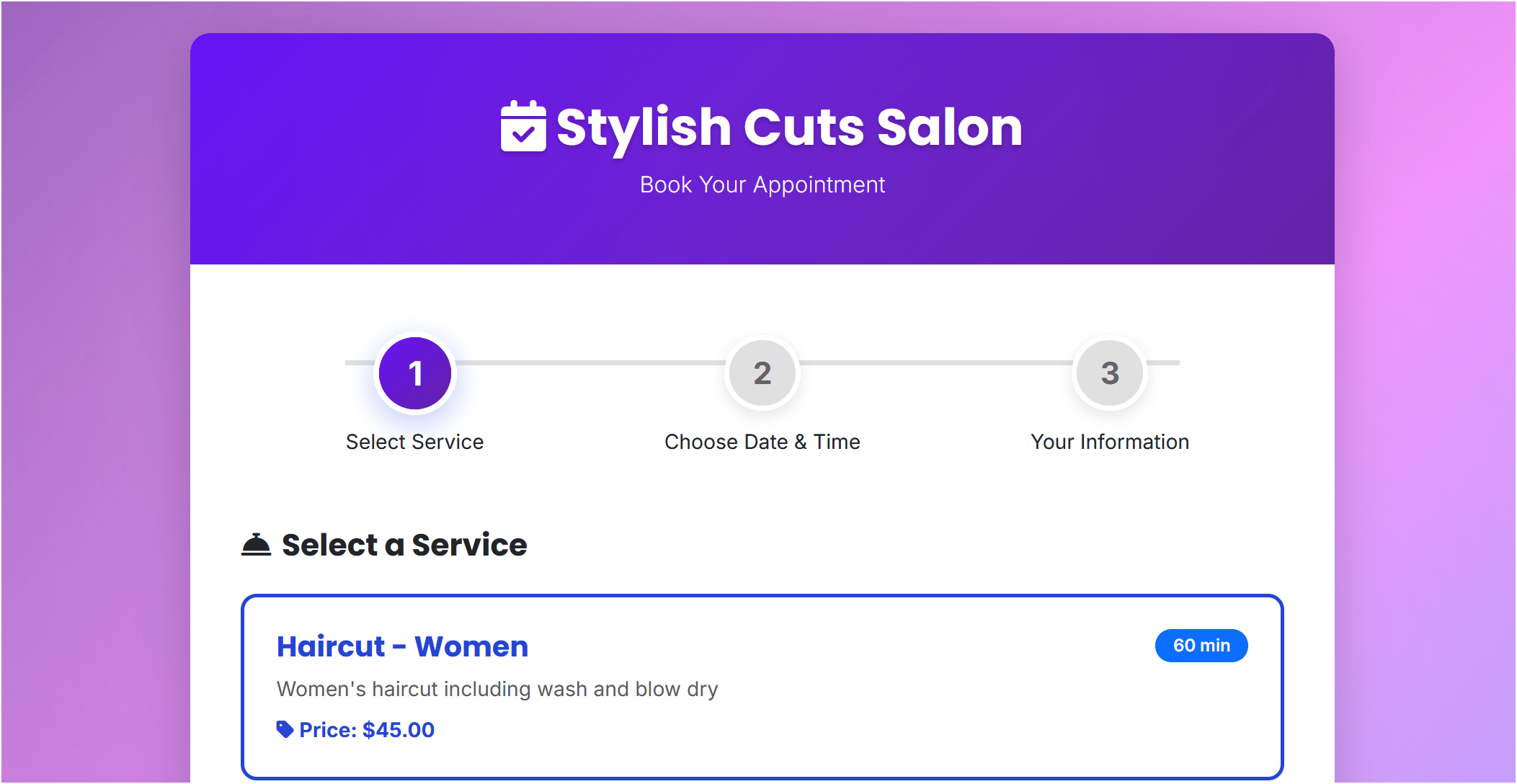 Customer booking page in appointment booking system demo
