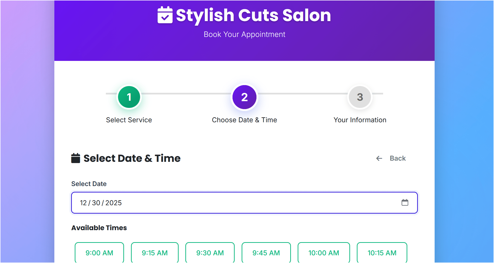 Time slot selection in online booking system demo