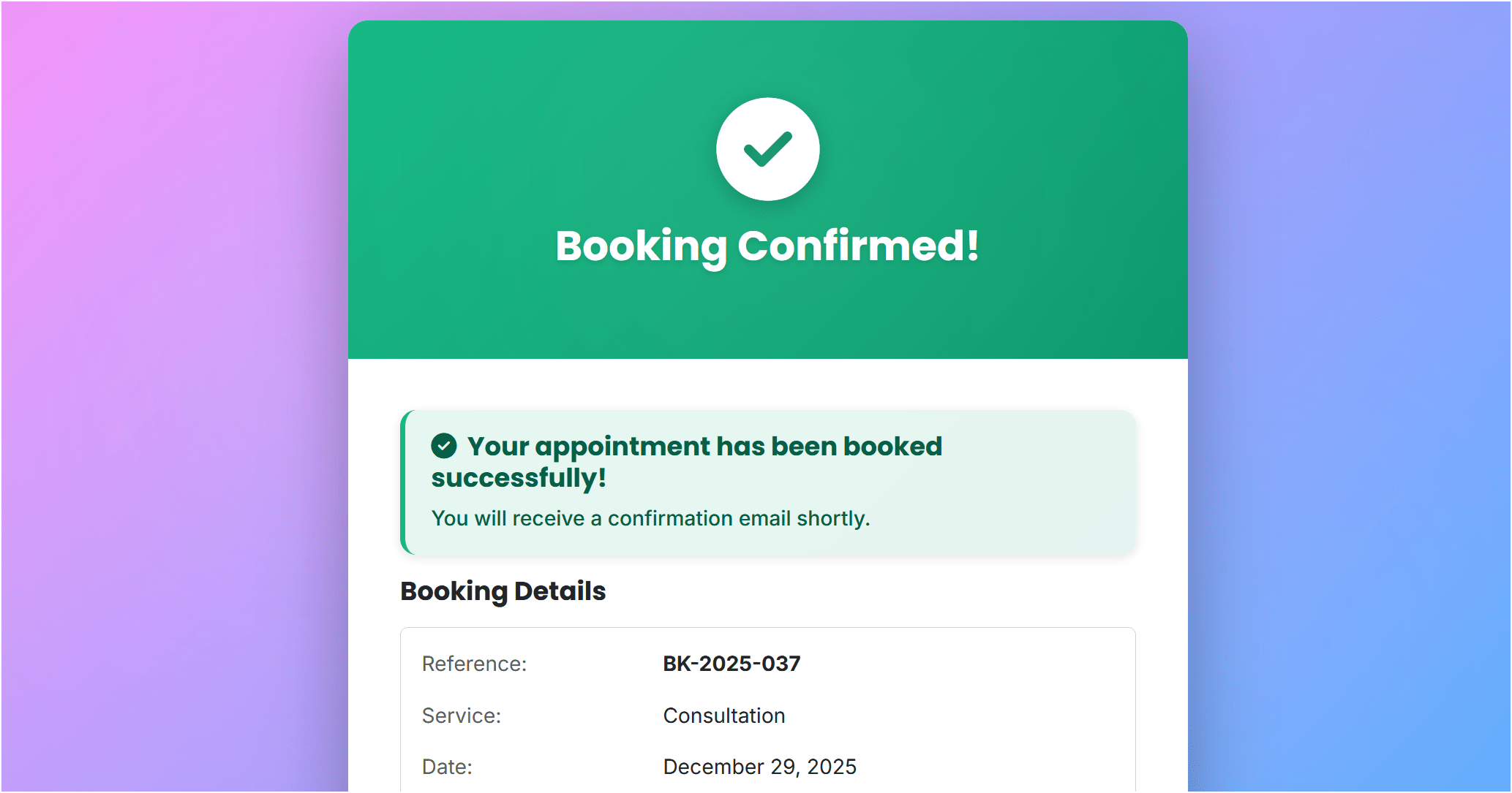 Booking confirmation page in PHP appointment system demo
