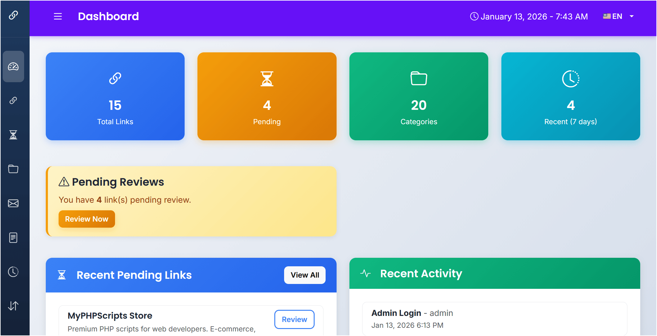Admin dashboard showing link statistics in link exchange script demo