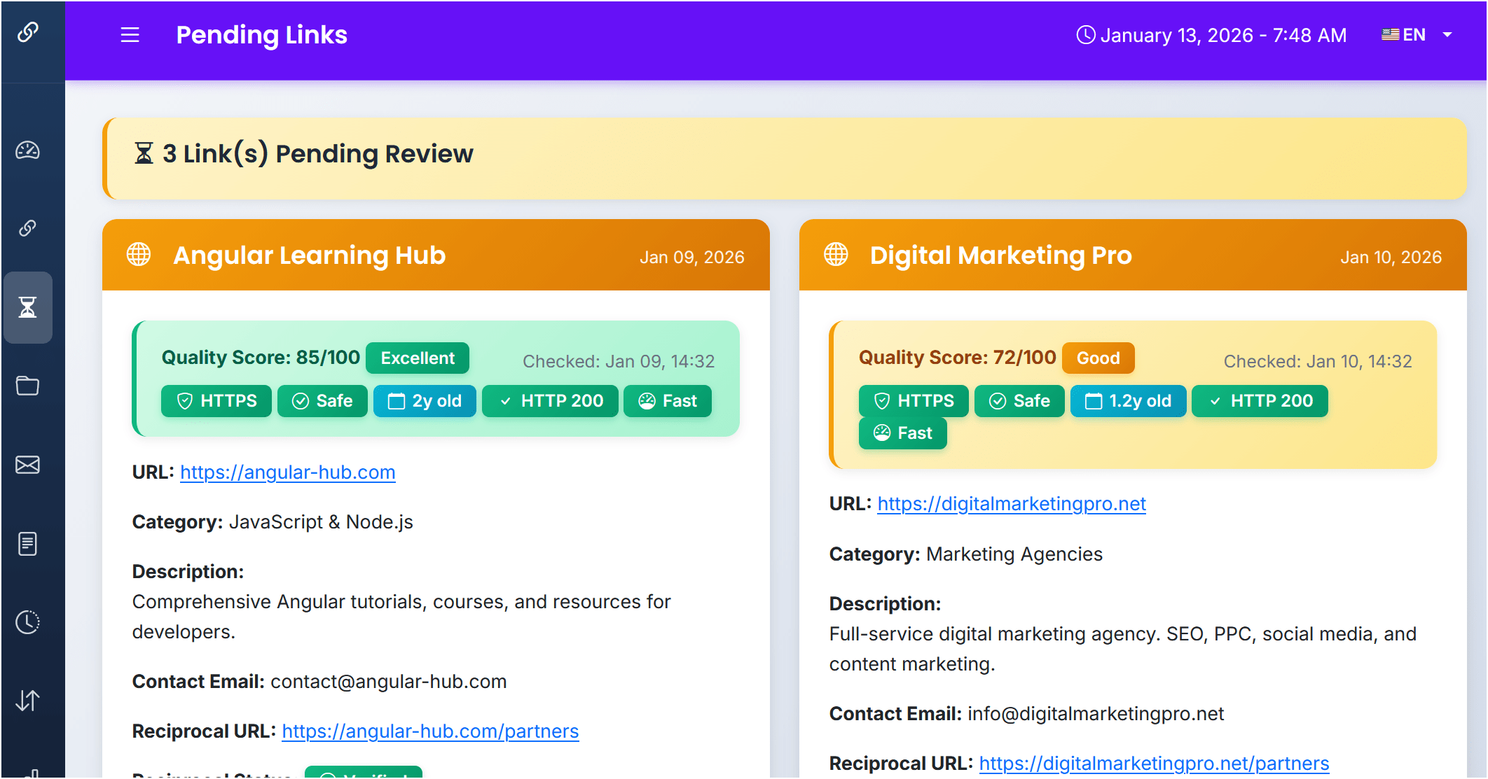 Pending links management in link exchange software demo