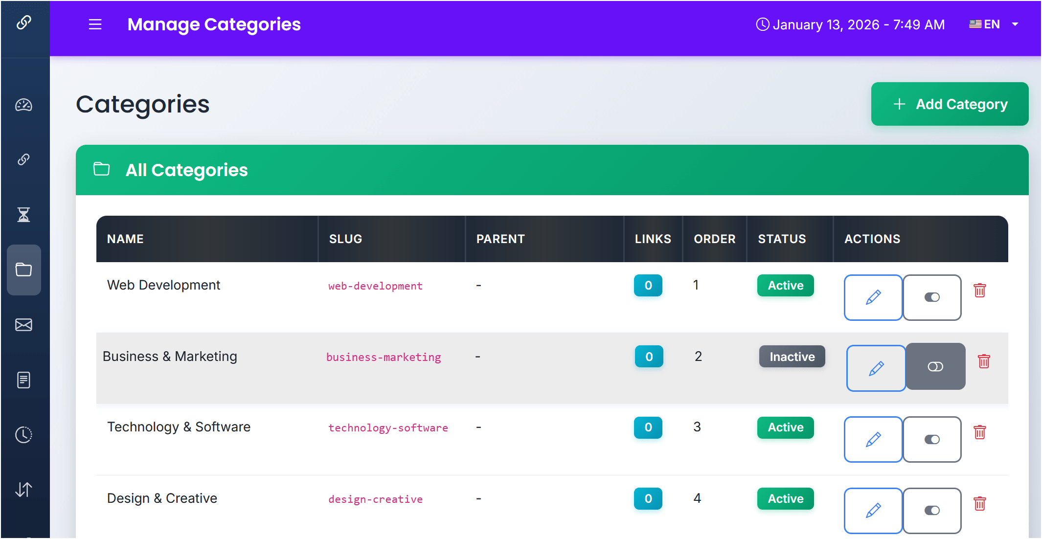 Category management with hierarchical structure in link directory demo