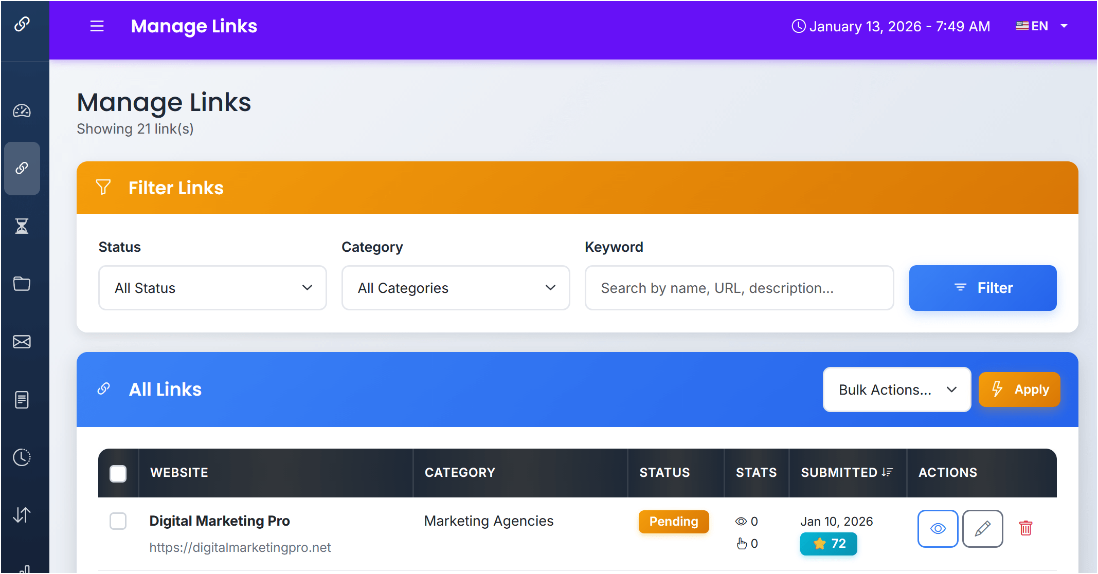Links management interface in reciprocal link exchange demo