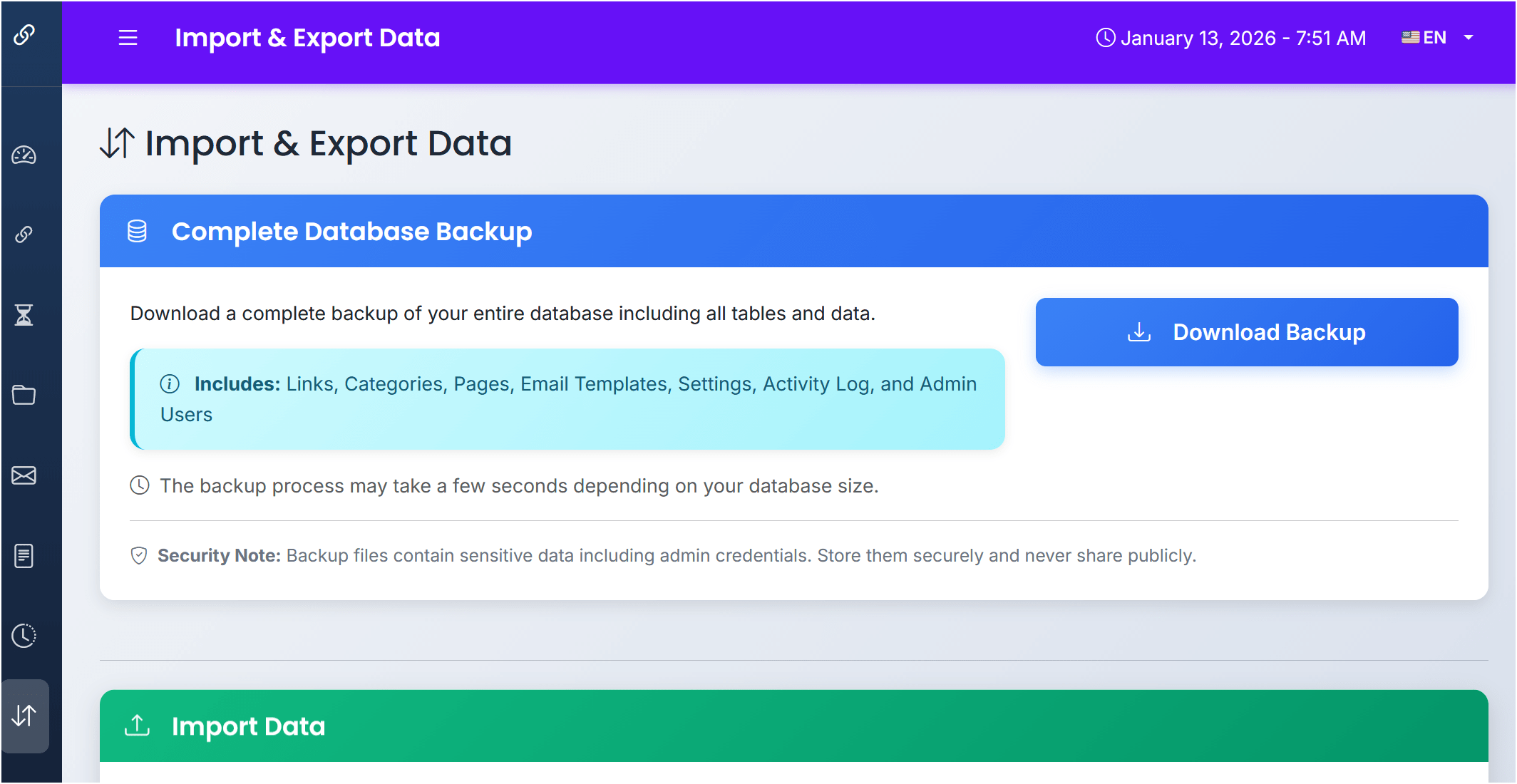 Database backup feature in link exchange script demo