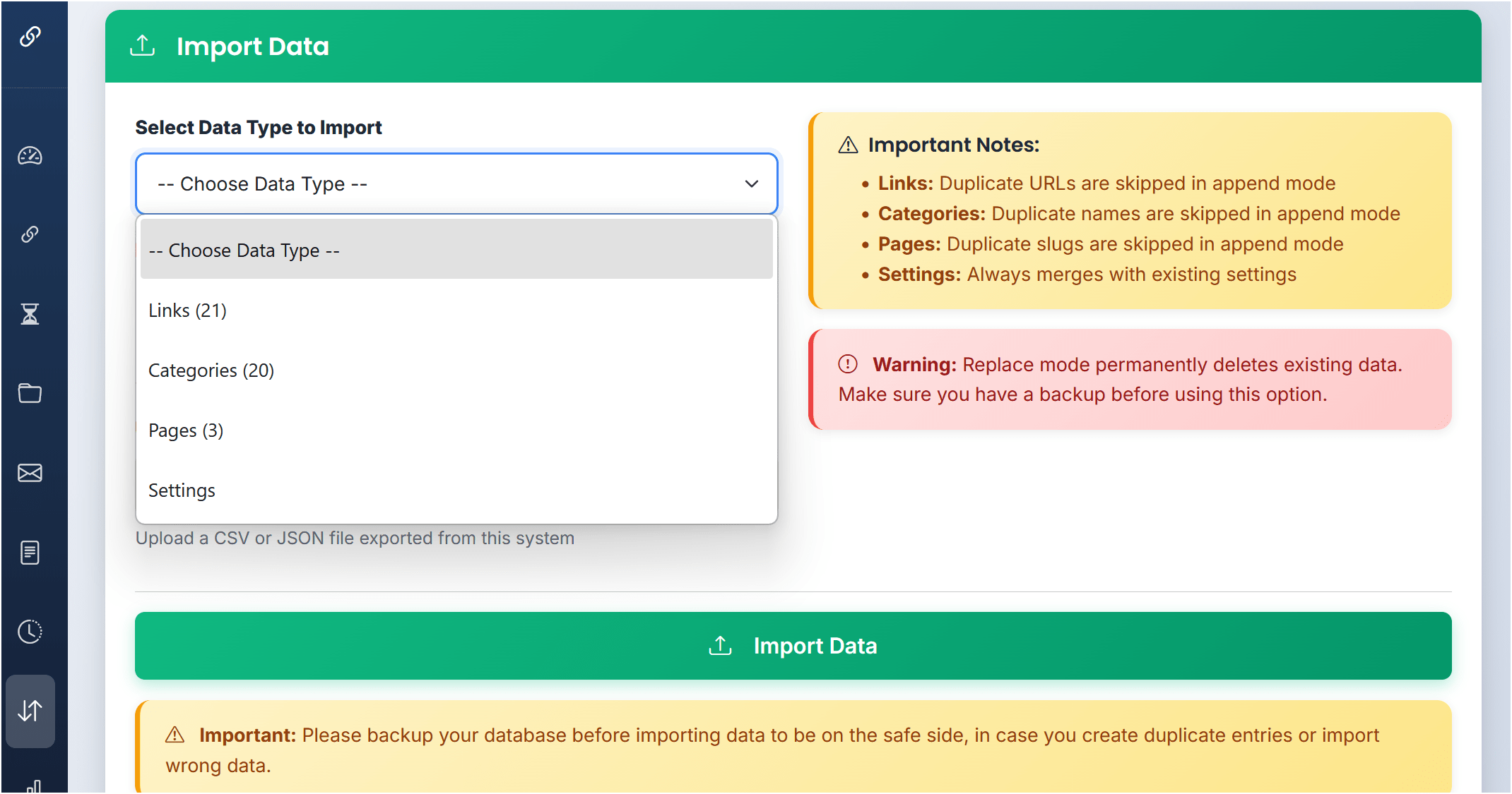 Import export data management in link exchange system demo
