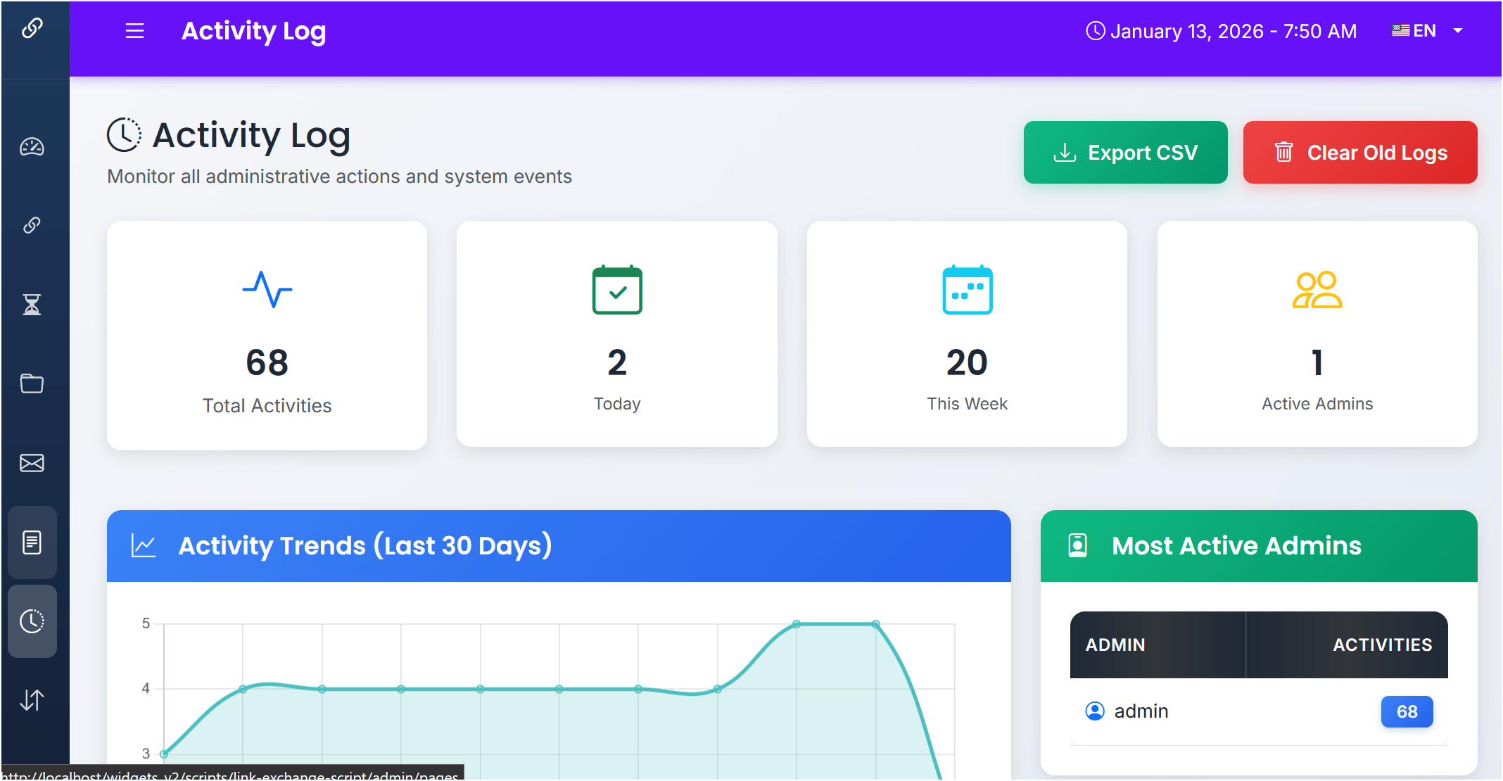 Activity log tracking in automated link exchange demo