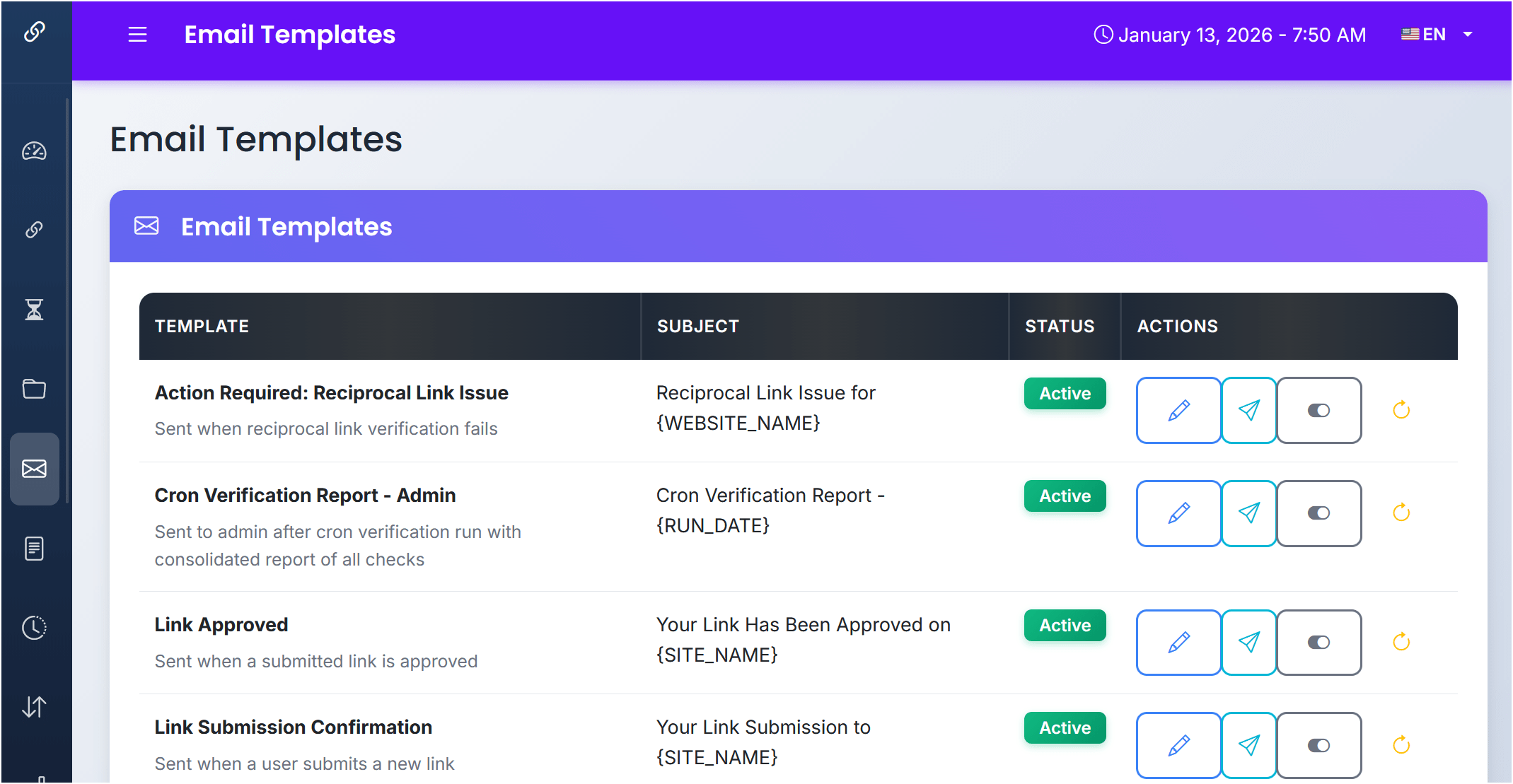 Email template editor in link exchange software demo
