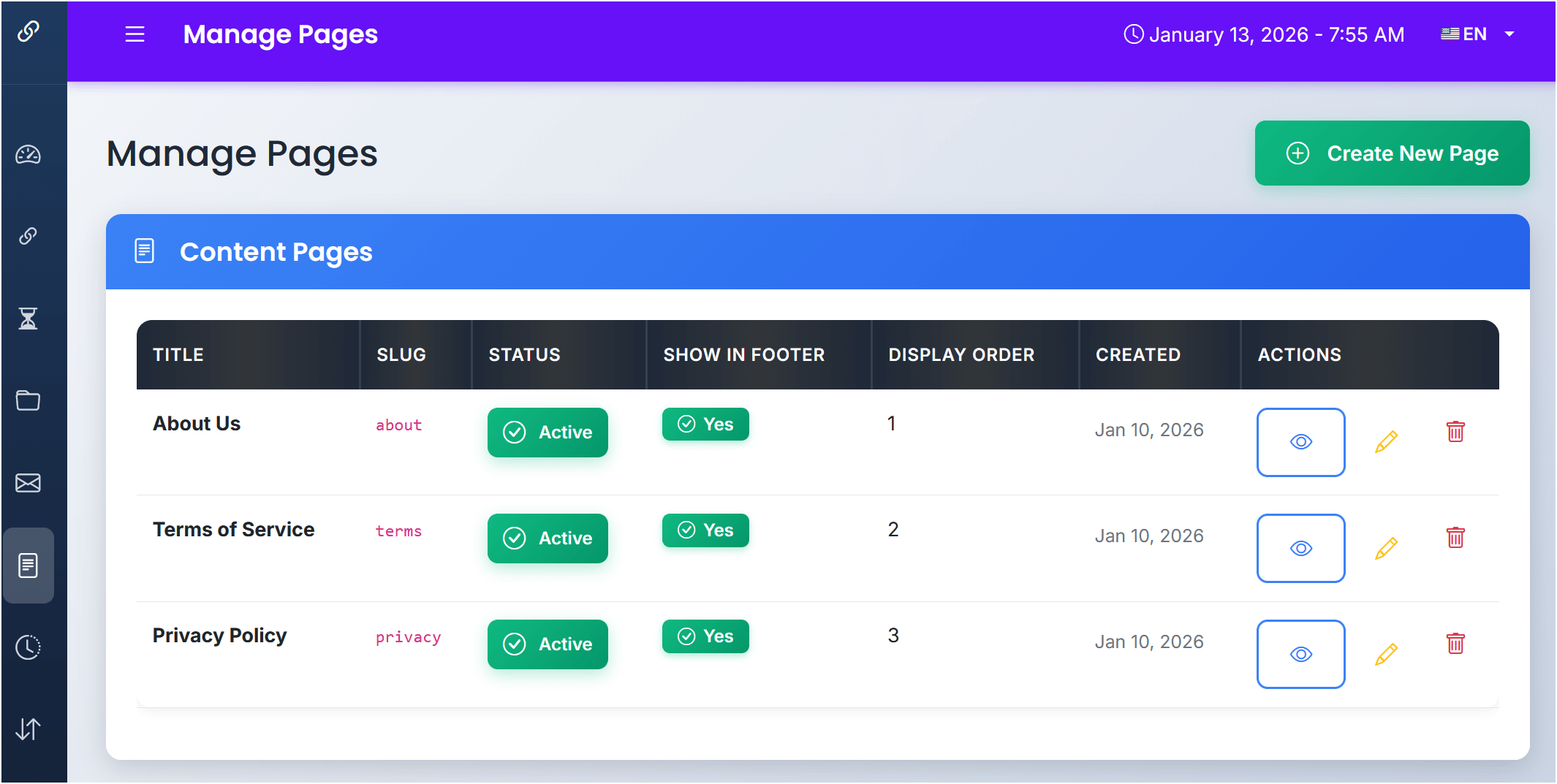 Static pages management in link directory script demo