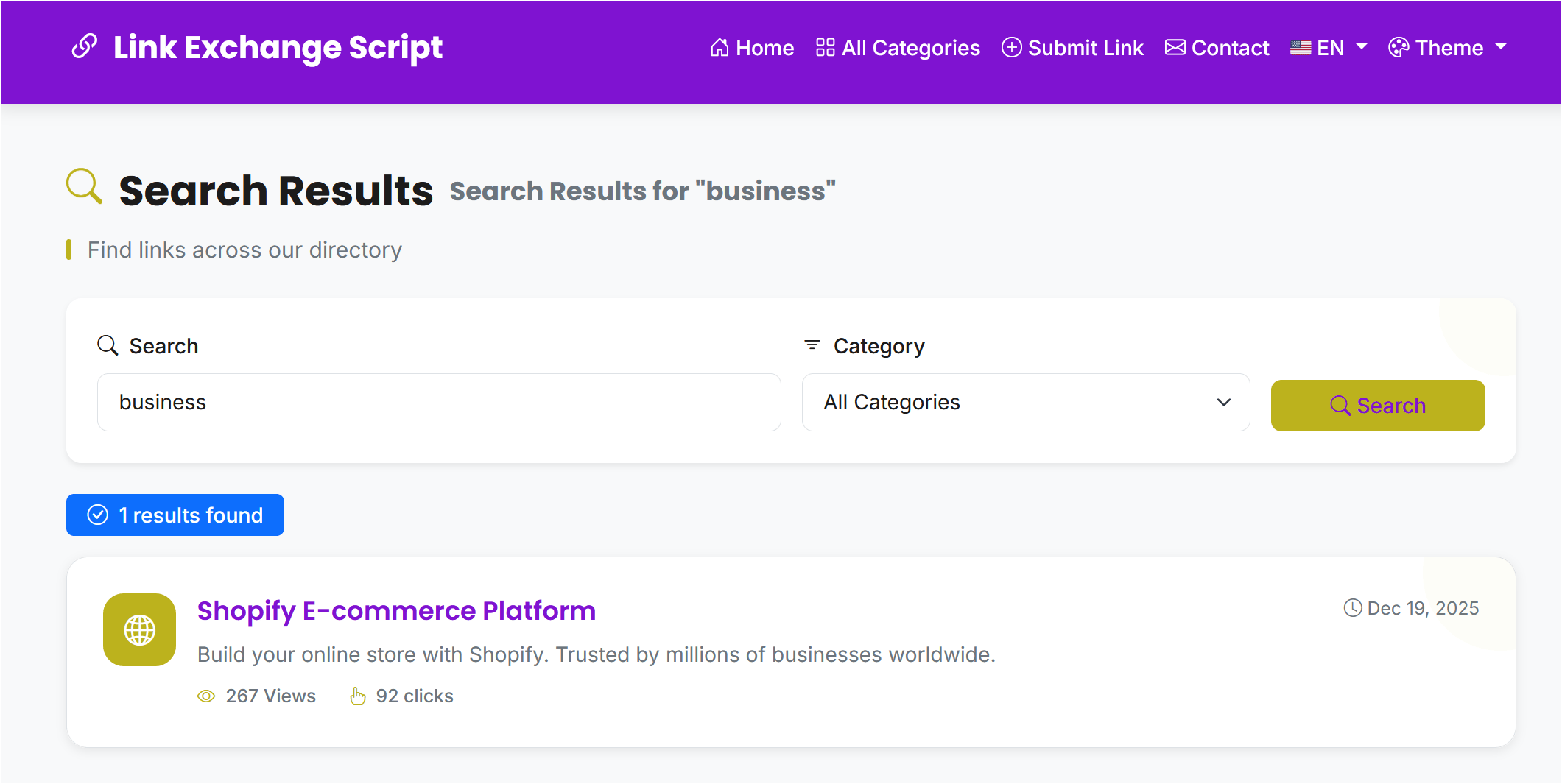Search results in link exchange directory demo