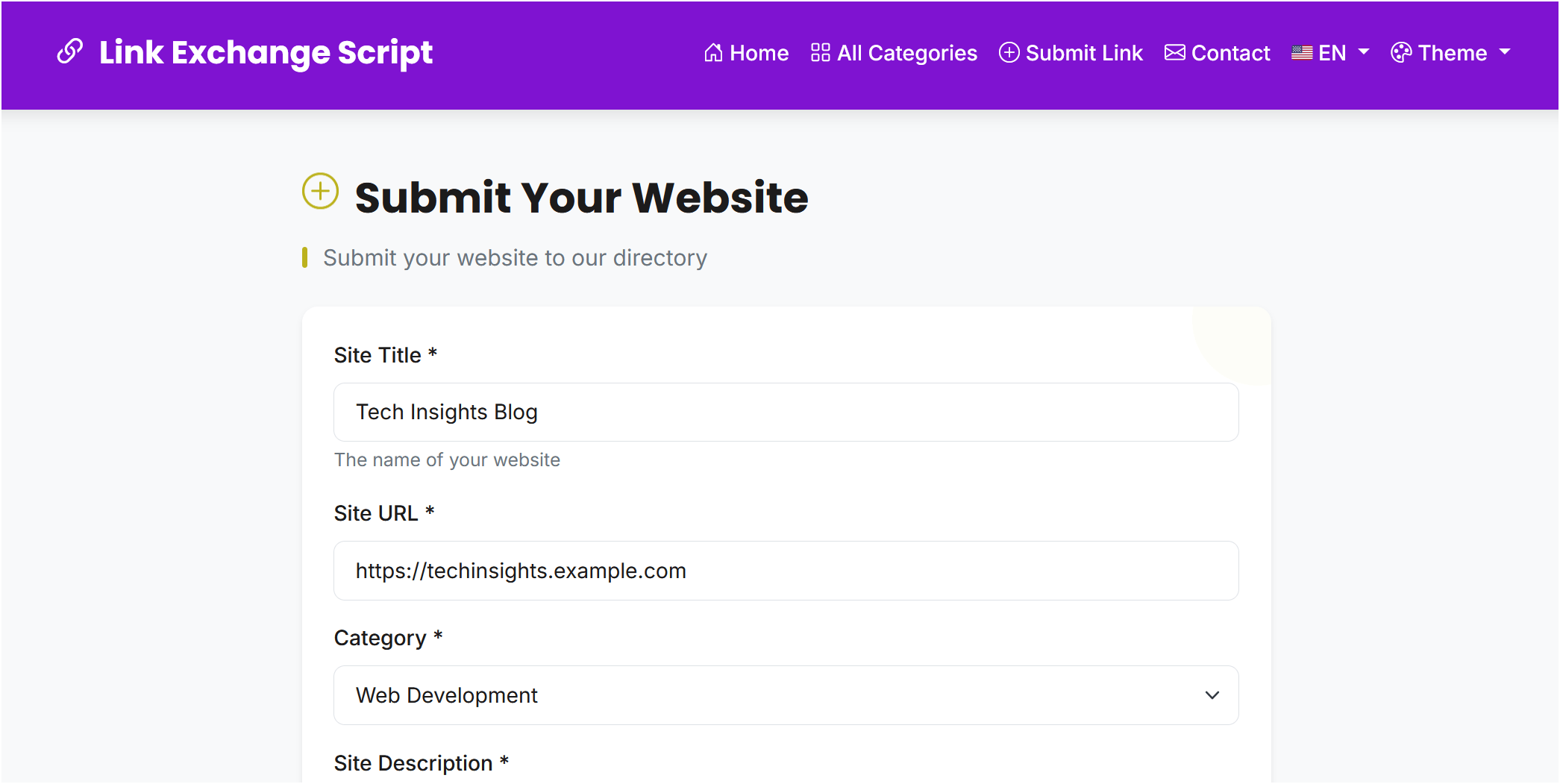 Link submission form in automated link exchange demo